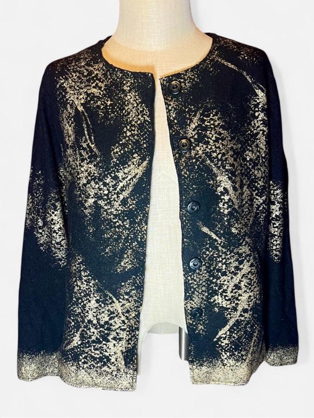 🖤Chico's Wool Cardigan w Metallic Gold/Cream Speckle Print